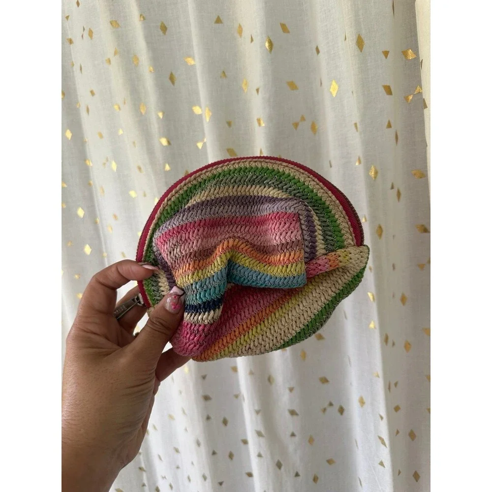 Unbranded Crochet Straw Woven Rainbow Stripe Lined Cosmetic Zipper Pouch